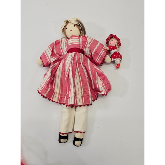 Other - VINTAGE Handmade‎ Ragdoll Folk Art Doll Red Striped Dress White Trousers 15.5"